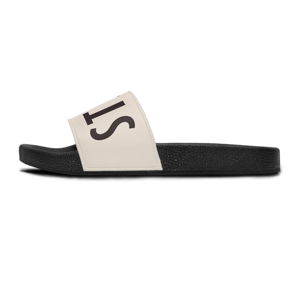 The Stay Home Slides in the Staying In Duo bundle, side profile showing the STAY wordmark on the cream strap