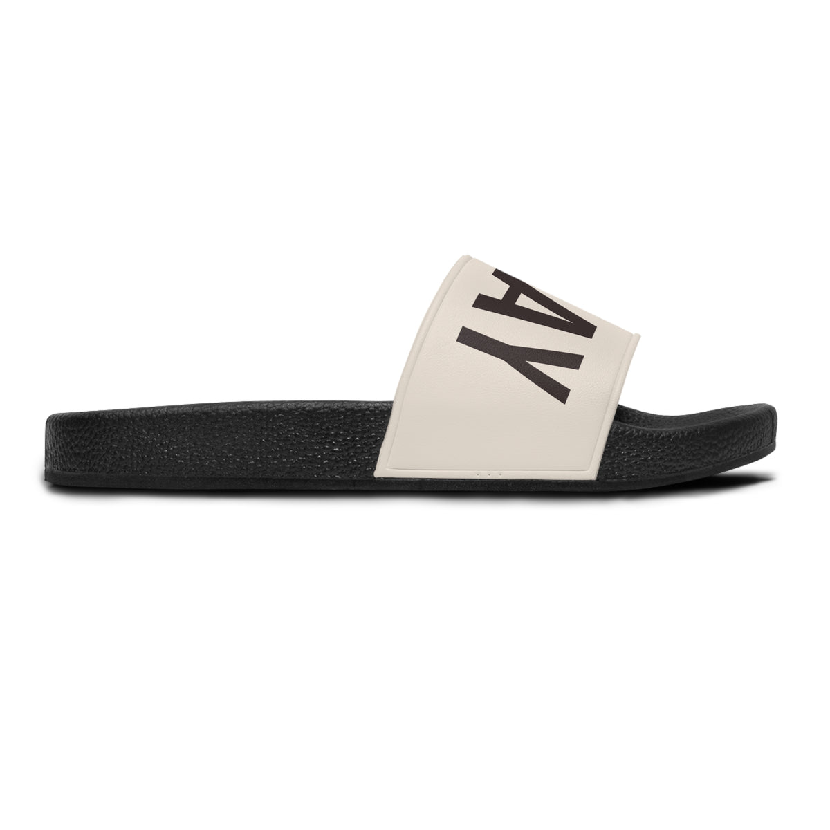 Stay Home Slides in black with a cream strap, side profile view of a single slide