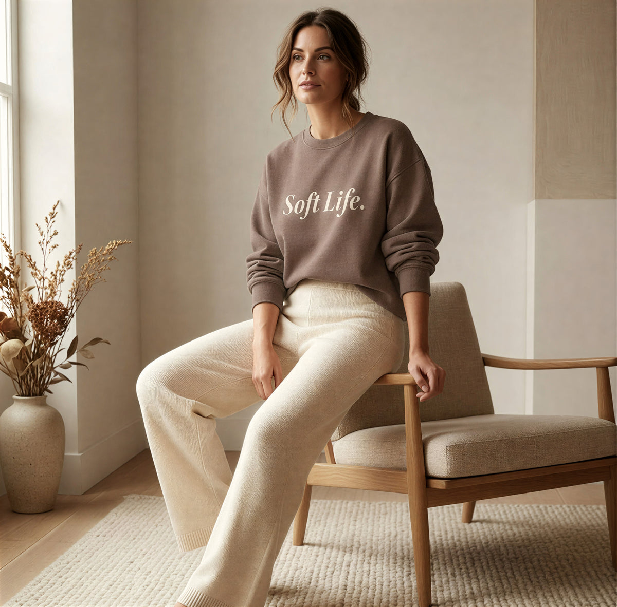 Soft Life Crewneck in espresso styled with ivory lounge pants