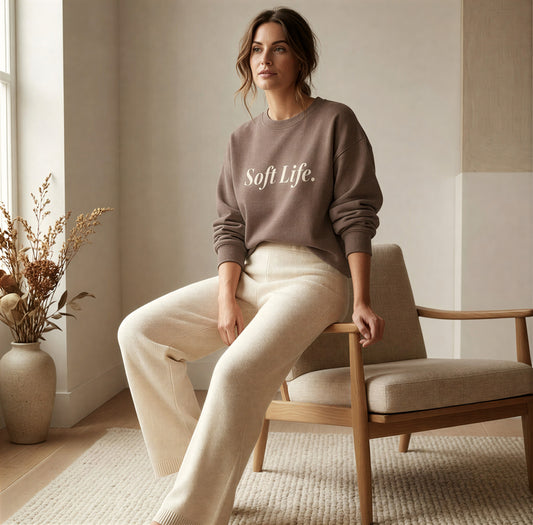 Soft Life Crewneck in espresso styled with ivory lounge pants